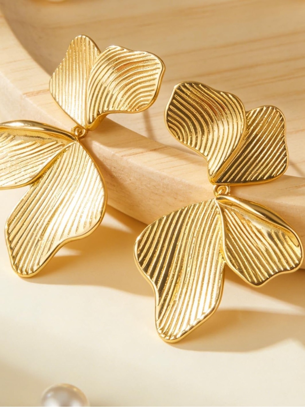 Gold Floral Petal Drop Earrings - Women Jewelry - Picture 3 of 5